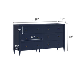 Mid-century modern navy blue 6-drawer wooden dresser with brass knobs and tapered legs, 59 in W × 17 in D × 32 in H, bedroom storage