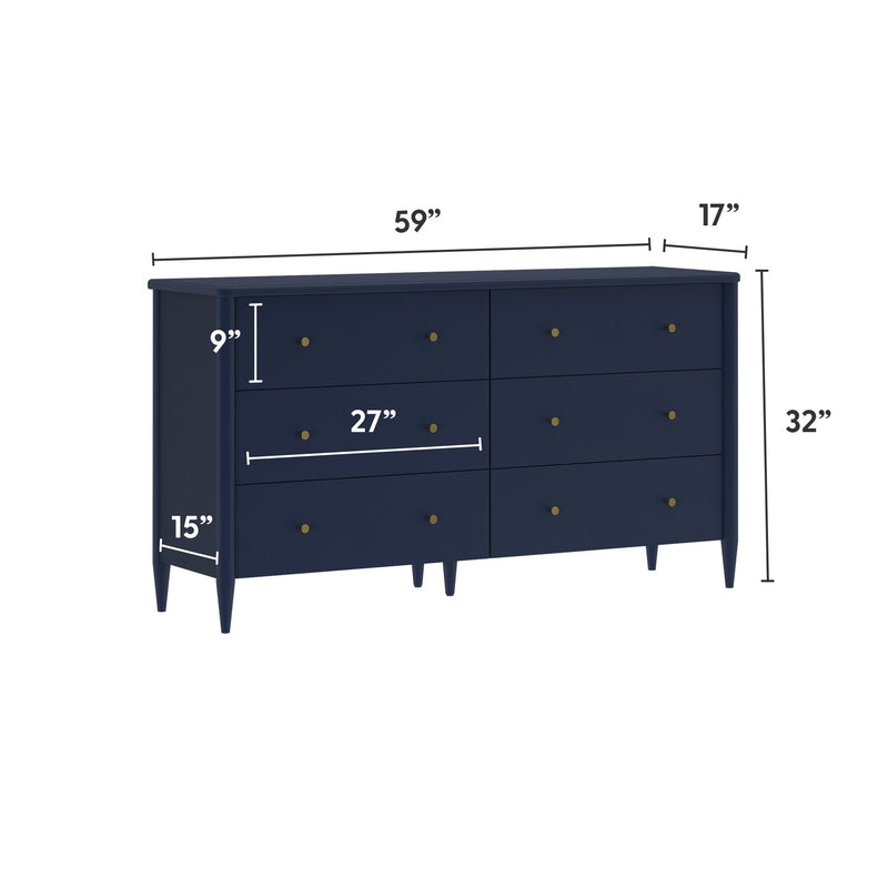Mid-century modern navy blue 6-drawer wooden dresser with brass knobs and tapered legs, 59 in W × 17 in D × 32 in H, bedroom storage