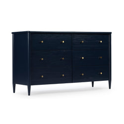 Navy blue mid-century modern eight-drawer wood dresser with brass round knobs, tapered legs and wood-grain finish for bedroom storage on white background