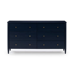 Navy blue six-drawer wooden dresser with brass knobs, mid-century modern bedroom storage chest