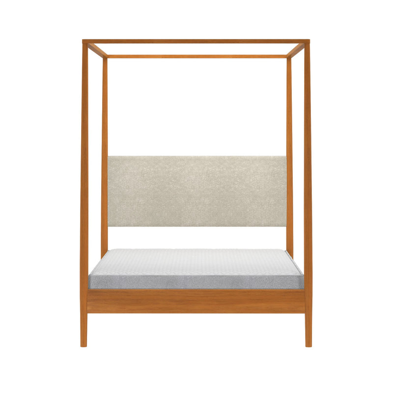 Minimalist wooden four-poster canopy bed frame with oak finish, beige upholstered headboard and white mattress — modern Scandinavian-style platform bed for bedroom