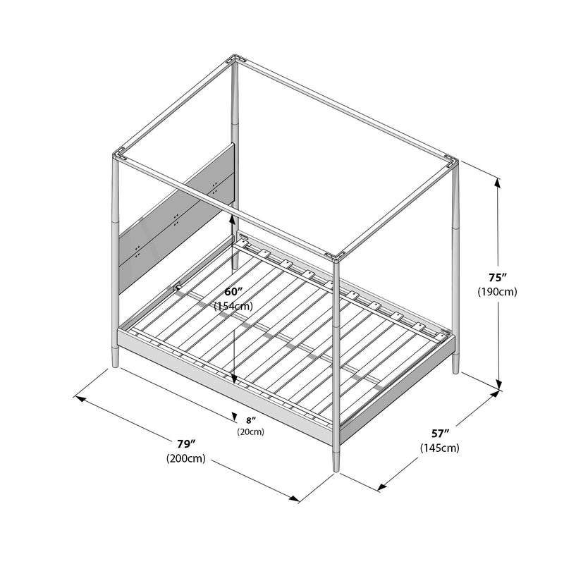 Metal canopy bed frame isometric diagram with slatted mattress support and labeled dimensions 79″ (200 cm) length × 57″ (145 cm) width × 75″ (190 cm) height, 60″ (154 cm) inner width and 8″ (20 cm) clearance — modern canopy bed frame dimensions