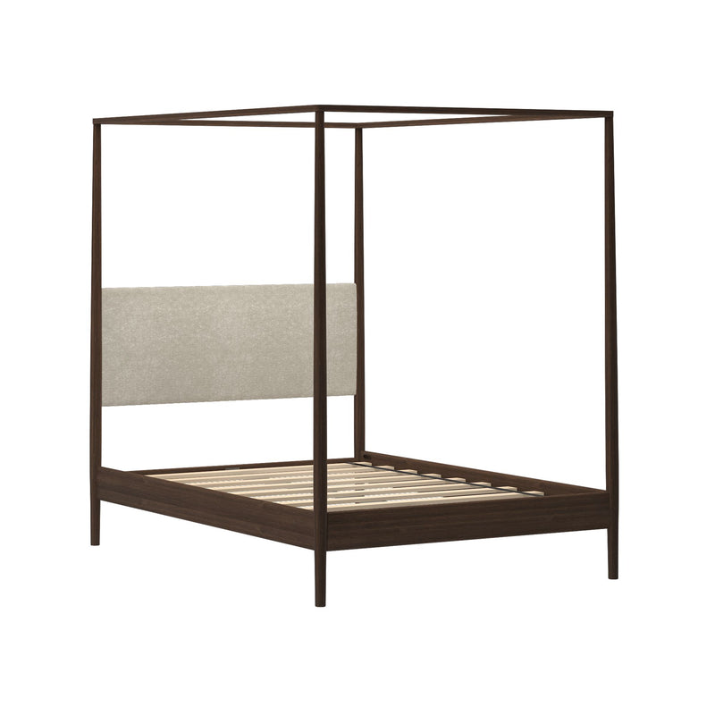 Modern dark wood four-poster canopy platform bed frame with beige upholstered headboard and slatted base, minimalist design.