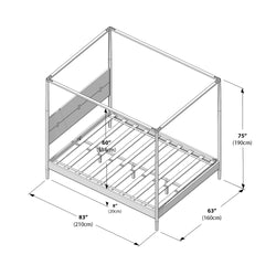 Queen canopy bed frame assembly diagram showing slatted platform, center support legs, and headboard panel with dimensions 83 in (210 cm) length × 63 in (160 cm) width × 75 in (190 cm) height, 60 in (154 cm) mattress width and 8 in (20 cm) under-bed clearance
