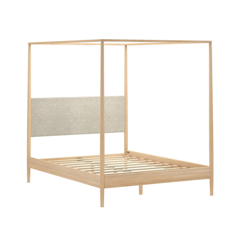 Minimalist light oak four‑poster canopy bed frame with beige upholstered headboard and slatted platform base, modern Scandinavian bedroom furniture