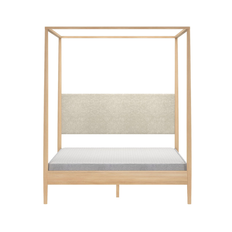 Minimalist light oak four-poster canopy bed with beige linen-upholstered headboard and grey mattress, modern Scandinavian bedroom furniture
