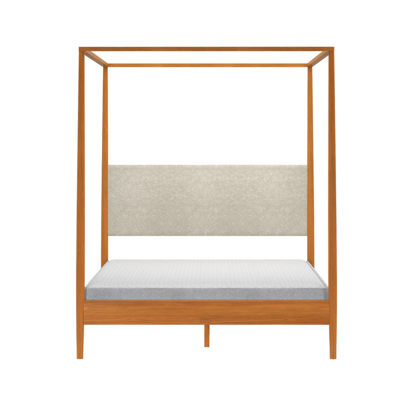 Modern wooden four‑poster canopy bed with light wood finish, beige upholstered headboard and mattress, minimalist bedroom furniture