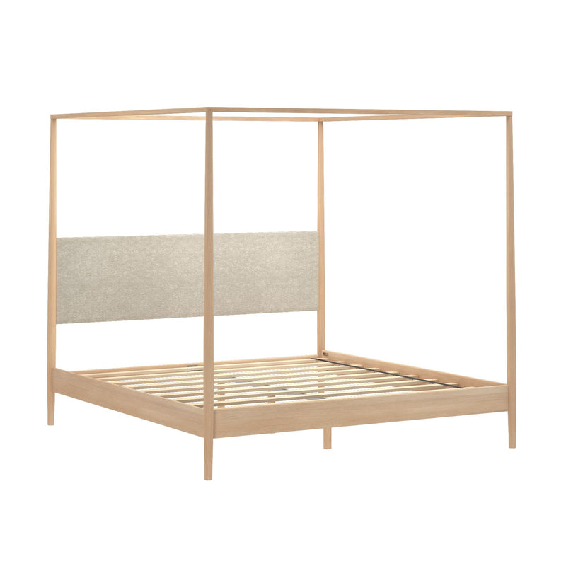 Minimalist Scandinavian light wood four‑poster canopy bed frame with beige upholstered headboard and wooden slat base