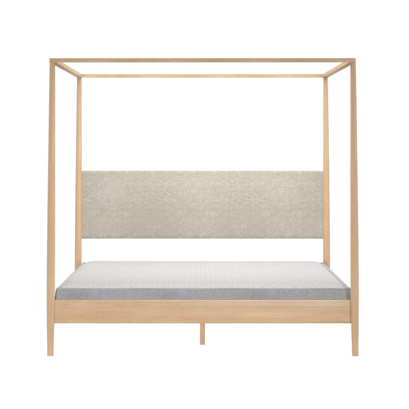 Minimalist four-poster canopy bed frame in light natural wood with gray upholstered headboard and platform mattress, modern bedroom furniture