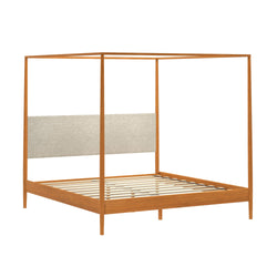 Modern minimalist wooden four‑poster canopy bed frame in natural oak finish with beige upholstered rectangular headboard panel and slatted platform base