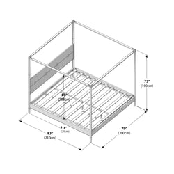 Four-poster canopy bed frame diagram with slatted platform and headboard, dimensions 83"×79"×75" (210×200×190 cm)