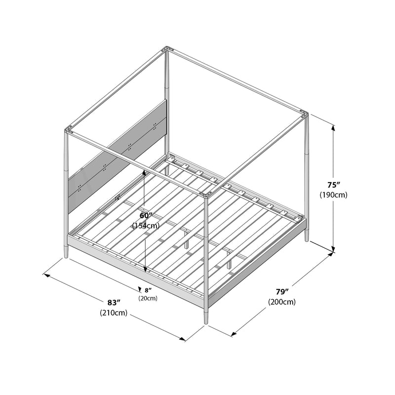 Four-poster canopy bed frame diagram with slatted platform and headboard, dimensions 83"×79"×75" (210×200×190 cm)