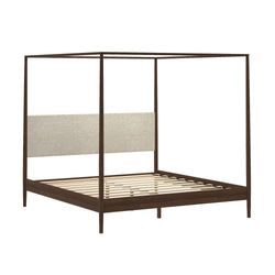 Four-poster canopy bed frame in dark walnut wood with beige linen-upholstered headboard panel and slatted platform base, modern minimalist bedroom furniture