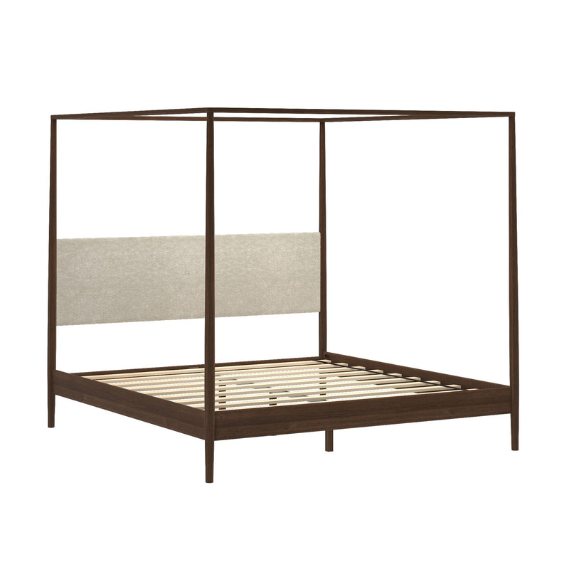 Four-poster canopy bed frame in dark walnut wood with beige linen-upholstered headboard panel and slatted platform base, modern minimalist bedroom furniture