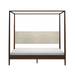 Modern dark wood four-poster canopy bed with beige upholstered headboard and platform base, minimalist bedroom furniture on white background