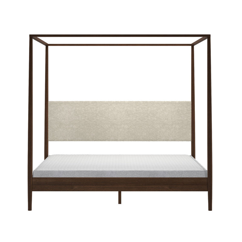 Modern dark wood four-poster canopy bed with beige upholstered headboard and platform base, minimalist bedroom furniture on white background