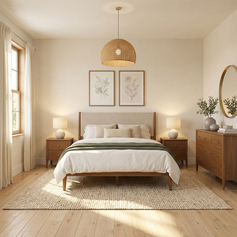 Scandinavian modern bedroom with natural wood bed and dresser, neutral bedding, woven pendant light, matching nightstands, round mirror, botanical wall art, textured rug, hardwood floors
