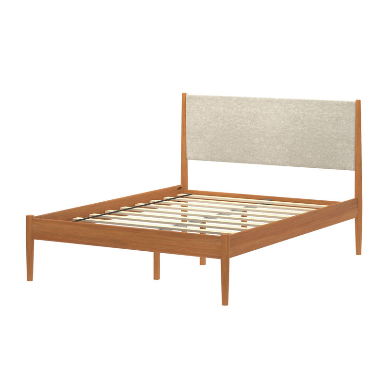 Mid-century modern wooden platform bed frame with beige upholstered headboard, slatted base and natural oak finish