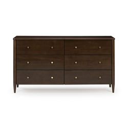 Dark walnut six-drawer mid-century modern bedroom dresser with brass knobs and tapered legs