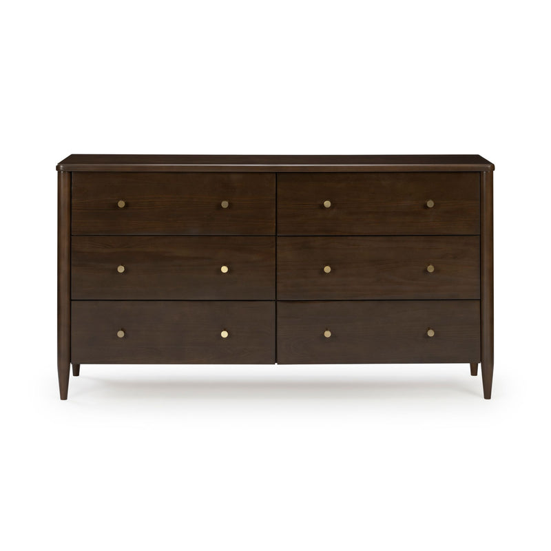 Dark walnut six-drawer mid-century modern bedroom dresser with brass knobs and tapered legs