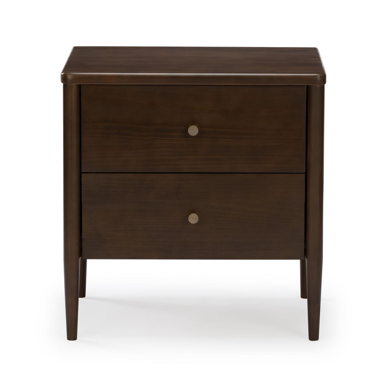 Mid-century modern dark walnut two-drawer nightstand bedside table with round brass knobs and tapered legs on a white background