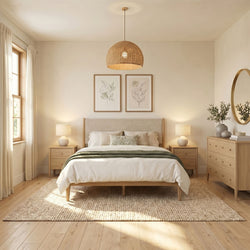 Neutral Scandinavian boho bedroom with light wood furniture, linen bedding, rattan pendant light, matching nightstands with ceramic lamps and botanical wall art