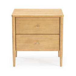 Mid-century modern light oak two-drawer nightstand with brass knobs and tapered legs, Scandinavian bedside table on white background