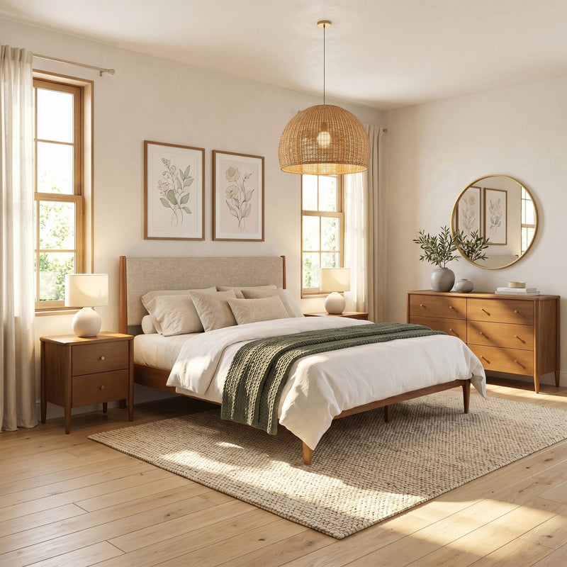 Cozy neutral modern bedroom with wooden bed and dresser, woven rattan pendant light, framed botanical prints, round mirror, textured rug and natural light