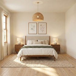 Cozy minimalist neutral bedroom with wooden bed and nightstands, woven rattan pendant light, matching bedside lamps, botanical framed prints, cream curtains and textured jute rug on light hardwood floors.