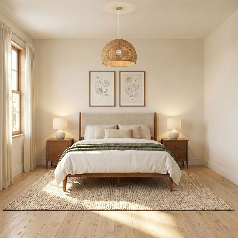 Cozy minimalist neutral bedroom with wooden bed and nightstands, woven rattan pendant light, matching bedside lamps, botanical framed prints, cream curtains and textured jute rug on light hardwood floors.