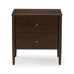Mid-century modern dark brown solid wood two-drawer nightstand with tapered legs and round brass knobs, bedside storage table for bedroom