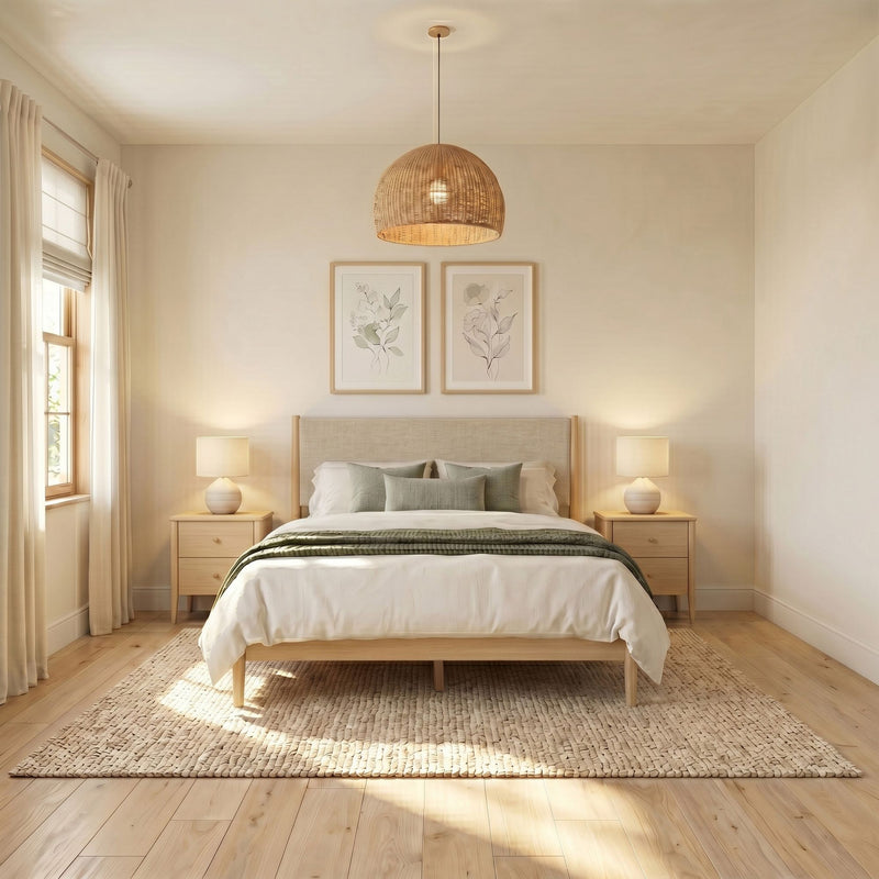 Sunlit neutral bedroom with natural wood platform bed, woven rattan pendant light, botanical framed art, matching nightstands and lamps, textured rug on hardwood floor