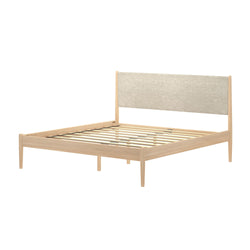 Light wood platform bed frame with slatted base and beige upholstered headboard, minimalist modern bedroom furniture