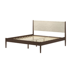 Mid-century modern wooden platform bed frame with beige upholstered fabric headboard, slatted mattress support and tapered tapered legs in dark walnut finish