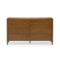 Mid-century modern walnut 6-drawer dresser with round brass knobs and tapered legs — bedroom storage chest on white background