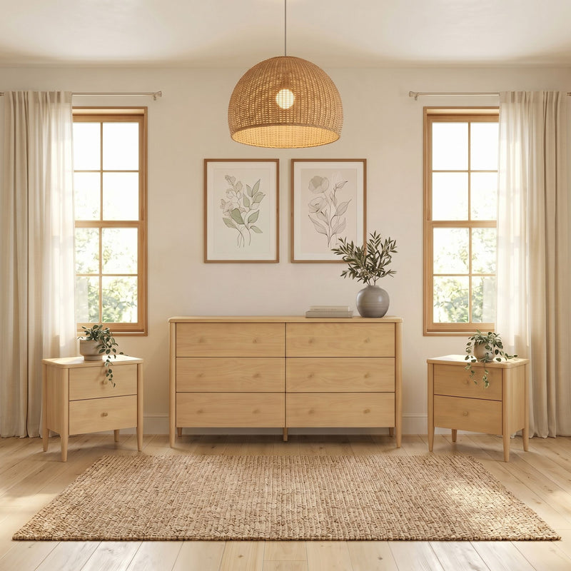 Light-filled Scandinavian bedroom with natural wood dresser and nightstands, woven rattan pendant light, neutral curtains, botanical wall art, potted plants and jute rug