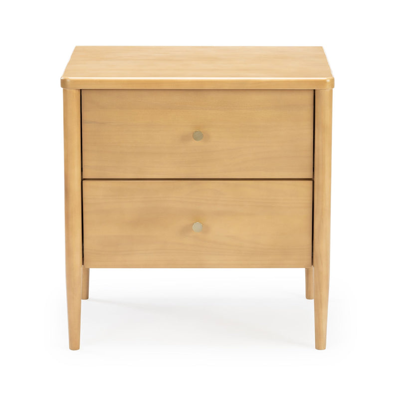 Light wood two-drawer nightstand bedside table with tapered legs and brass knobs, mid-century modern style