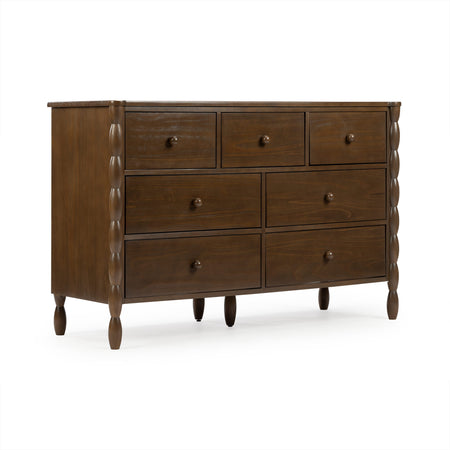 Dark brown solid wood dresser with nine drawers, turned spindle legs and round wooden knobs, rustic mid-century modern chest of drawers for bedroom storage