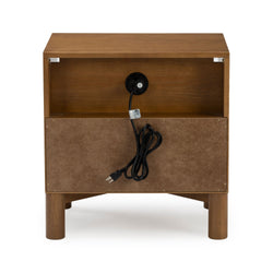 Brown mid-century modern wooden nightstand with built-in power outlet and black cord, open cubby storage and round legs