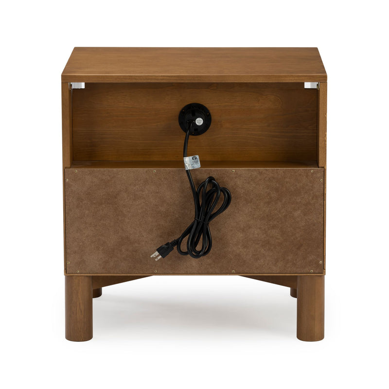 Brown mid-century modern wooden nightstand with built-in power outlet and black cord, open cubby storage and round legs