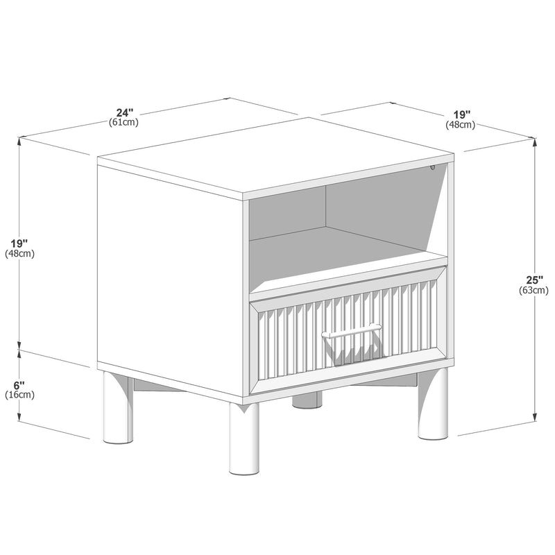 White modern bedside table/nightstand with open shelf, slatted drawer and metal handle on cylindrical legs, 24 x 19 x 25 inches (61 x 48 x 63 cm).