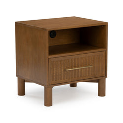 Mid-century modern walnut nightstand with open shelf, textured single drawer with brass handle and built-in USB power outlet