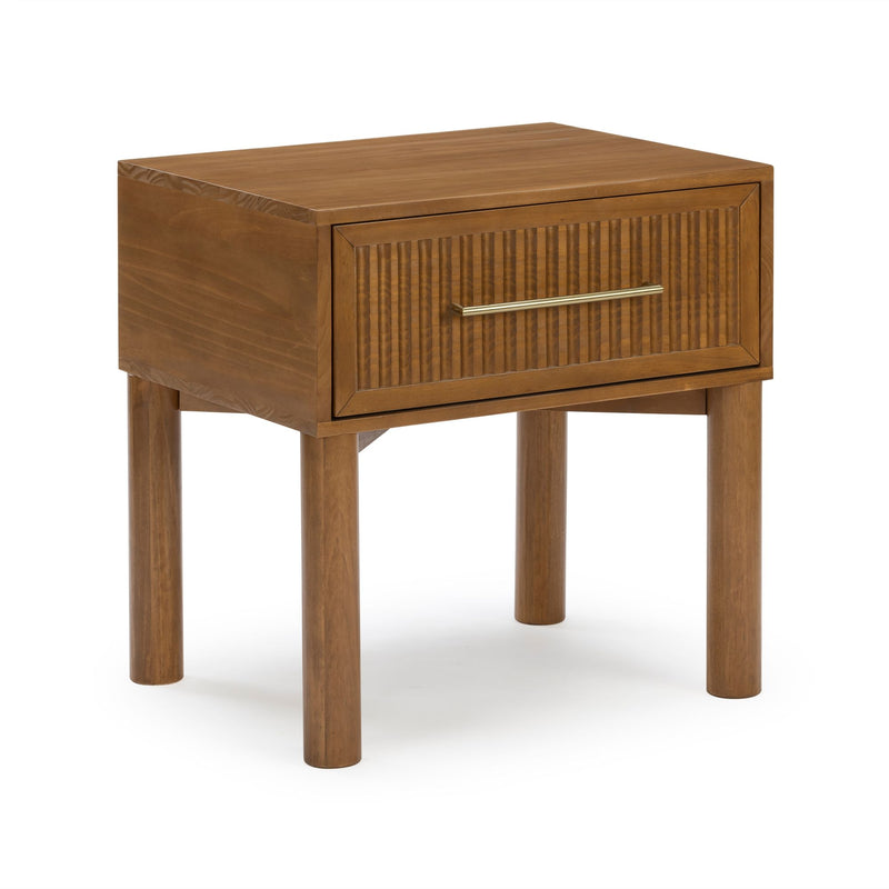 Mid-century modern walnut wood nightstand bedside table with ribbed single drawer, brass bar handle and cylindrical legs