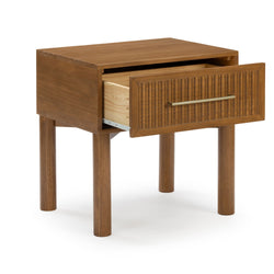 Mid-century modern wooden nightstand bedside table with walnut finish, fluted drawer front and brass handle, single open drawer and round legs
