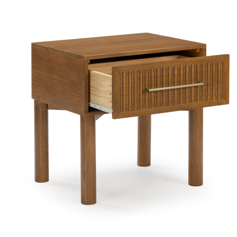 Mid-century modern wooden nightstand bedside table with walnut finish, fluted drawer front and brass handle, single open drawer and round legs