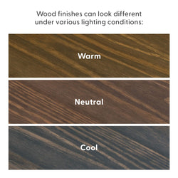 Close-up swatches of wood finishes and grain labeled Warm, Neutral, and Cool demonstrating how wood finish color changes under different lighting conditions