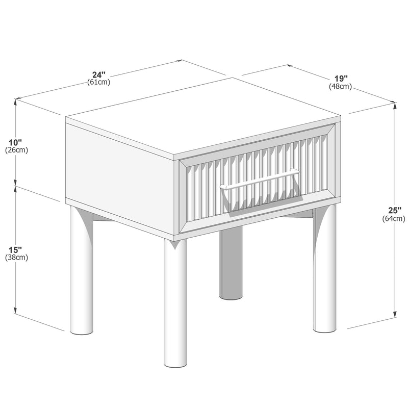 Technical line drawing diagram of a raised wooden pet crate/kennel with slatted front door and handle on four round legs, showing dimensions: top 24" (61 cm) by 19" (48 cm), total height 25" (64 cm), interior shelf heights 15" (38 cm) and 10" (26 cm).