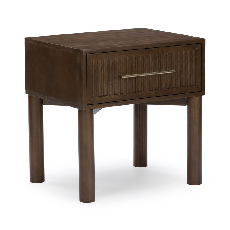 Wood nightstand bedside table in brown finish with ribbed single drawer, metal bar handle and round cylindrical legs
