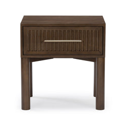 Dark walnut nightstand with fluted drawer front, metal bar handle and round legs