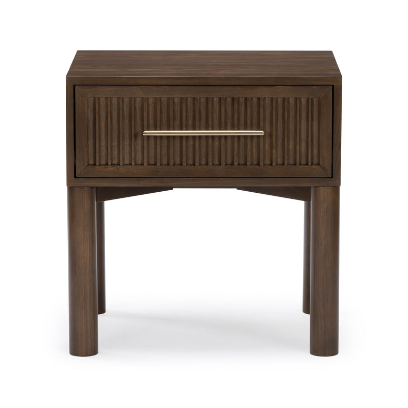Dark walnut nightstand with fluted drawer front, metal bar handle and round legs